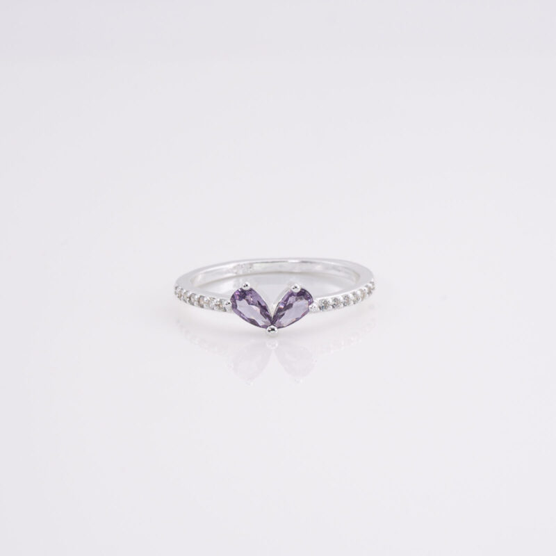Anillo Cintillo de Circonitas Delgado Dos Petalos de Circonita Morado T.13,5